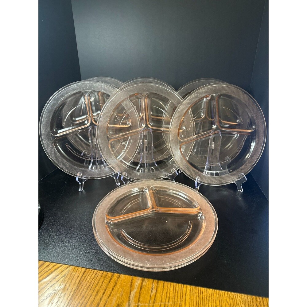 Set of 8 Pink Depression Glass Divided‎ Dinner Plates 11" – One Plate Cracked